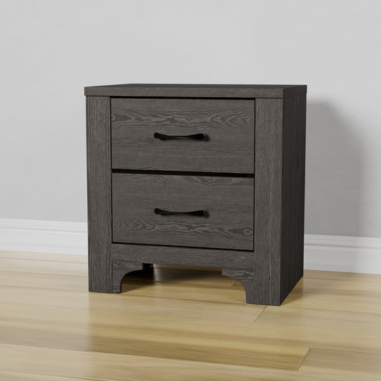 Dark grey wood nightstand with two drawers and black metal handles
