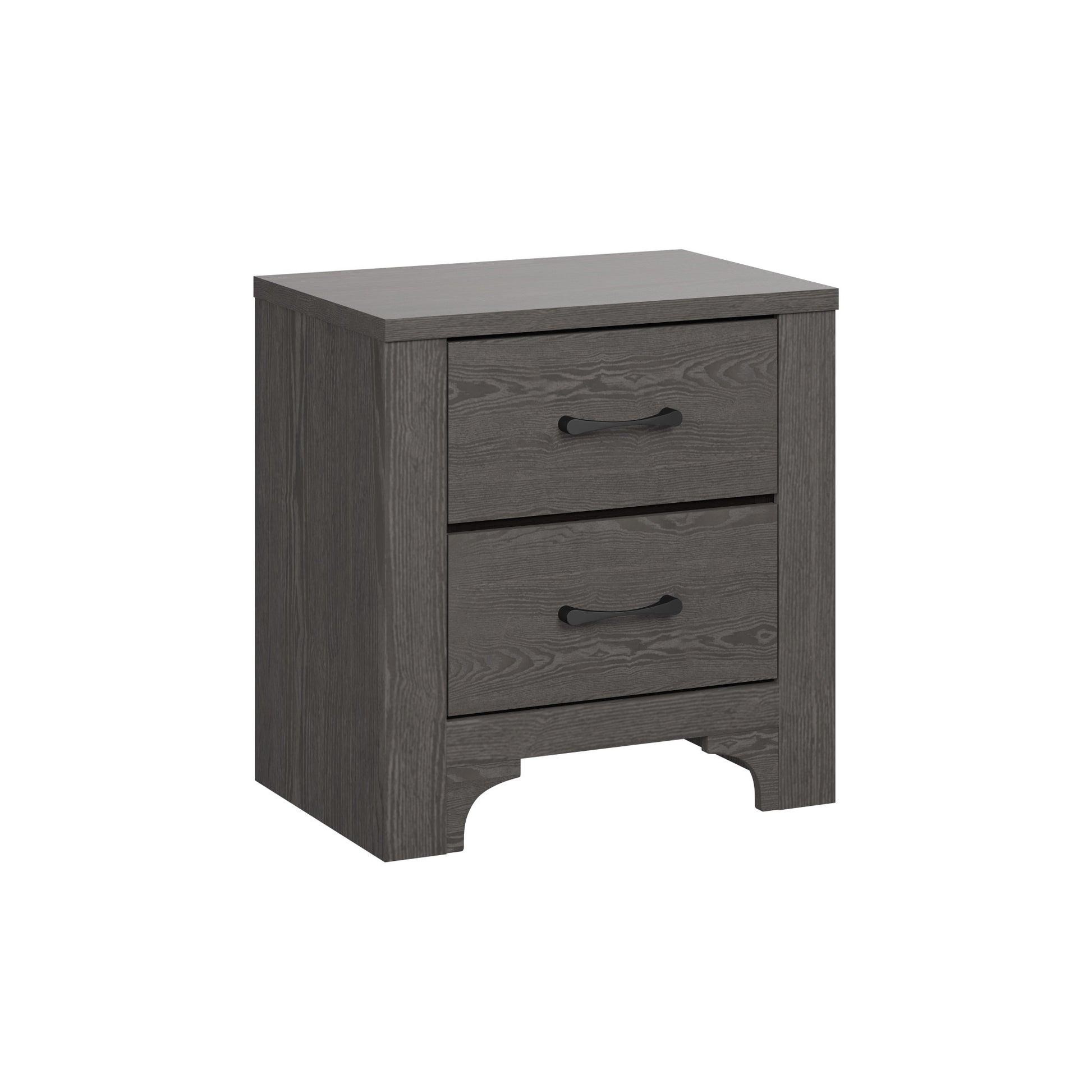 Gray wood nightstand with two drawers and black handles