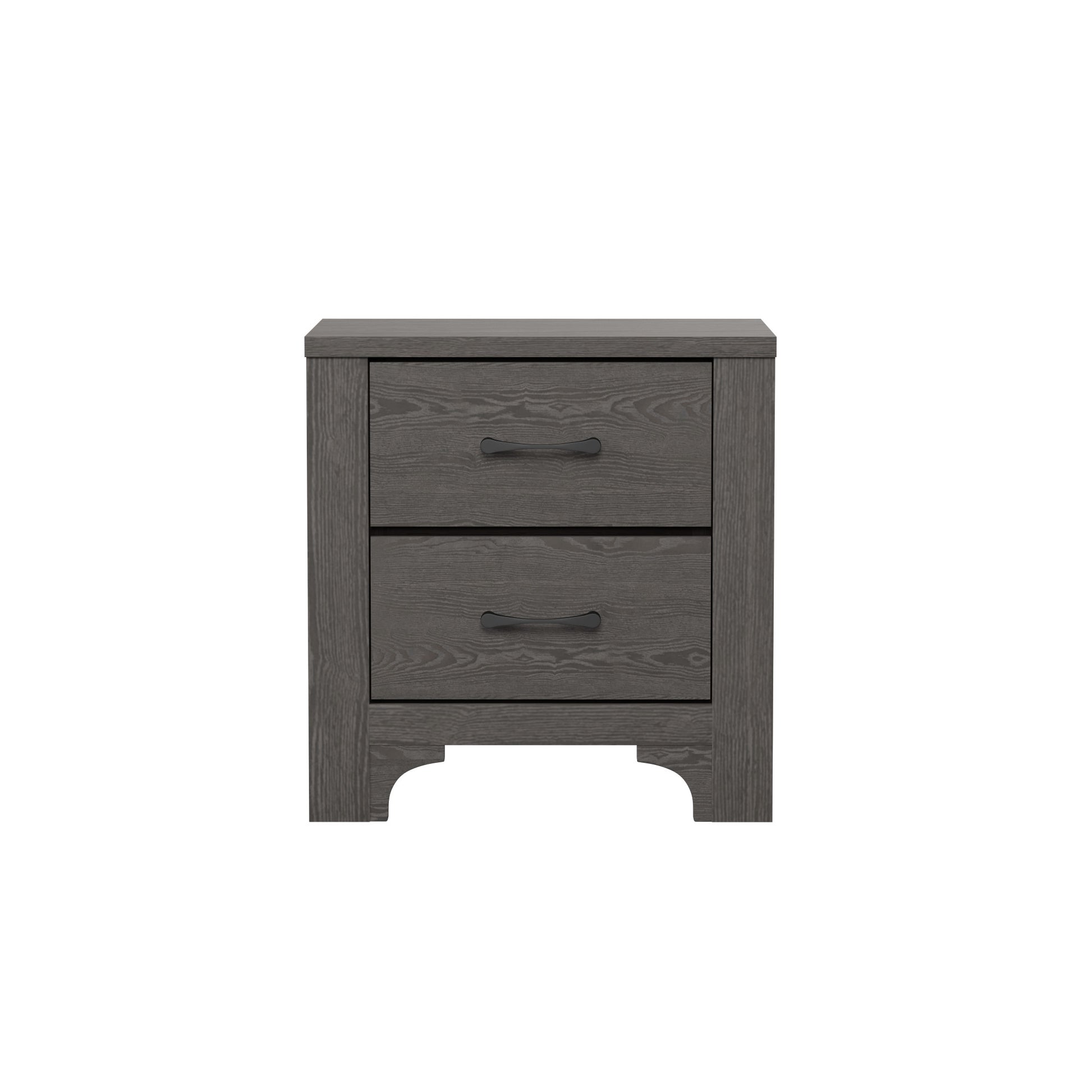 Gray wood grain twodrawer nightstand with black metal handles