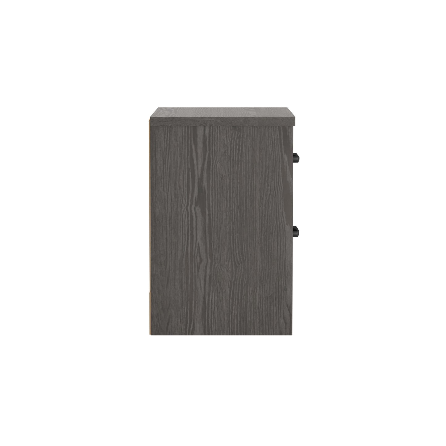 Dark gray faux wood filing cabinet with black drawer pulls