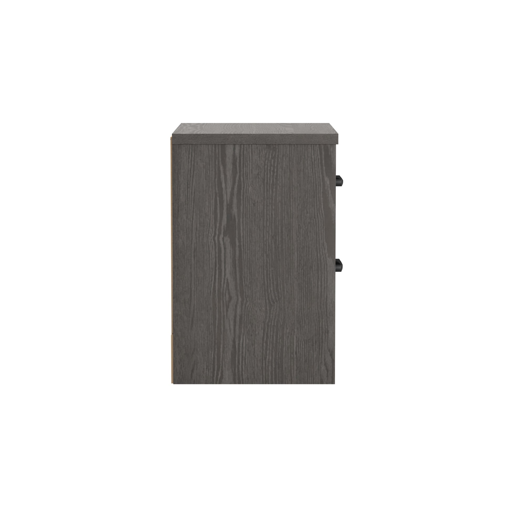 Dark gray faux wood filing cabinet with black drawer pulls