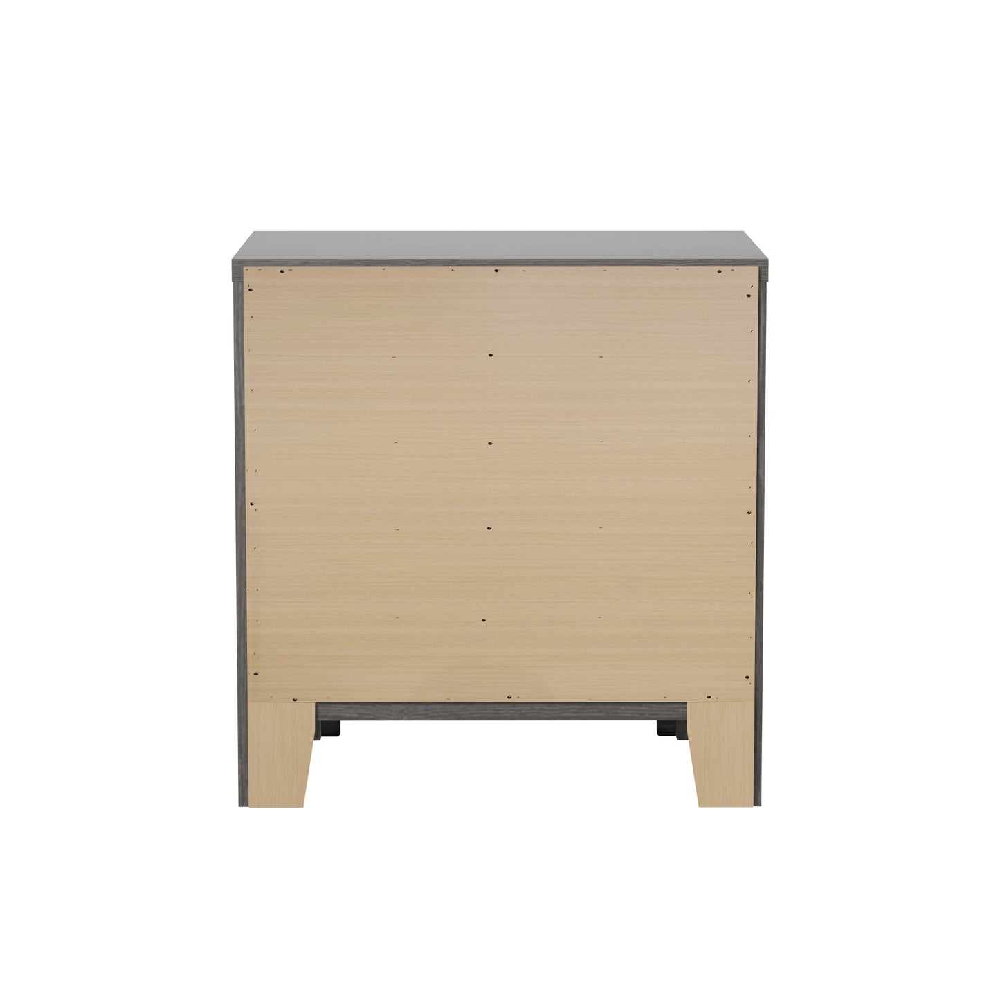 Back view of a grey wood nightstand with a light wood panel and visible screws