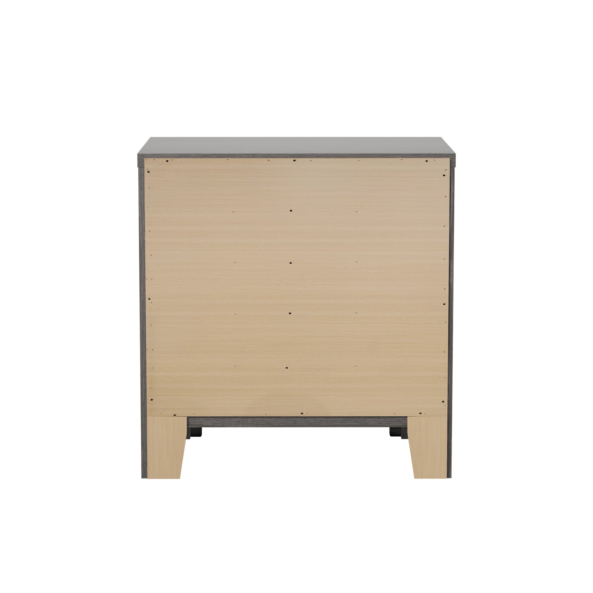 Back view of a grey wood nightstand with a light wood panel and visible screws