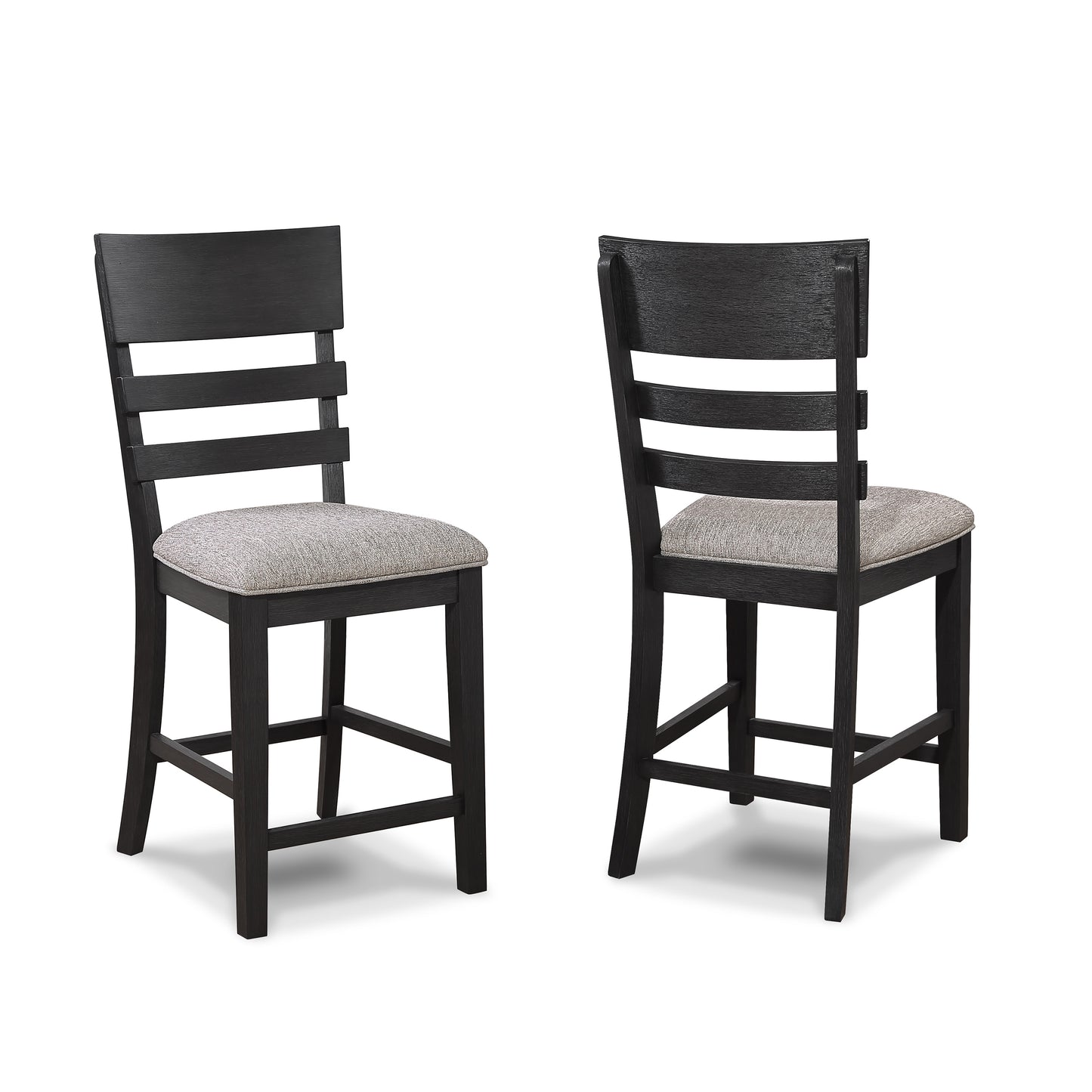 Dark wood counter stool with grey upholstered seat and slatted back