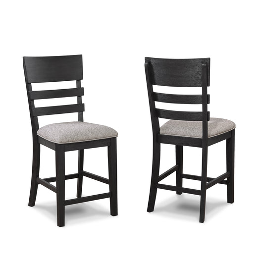 Dark wood counter stool with grey upholstered seat and slatted back