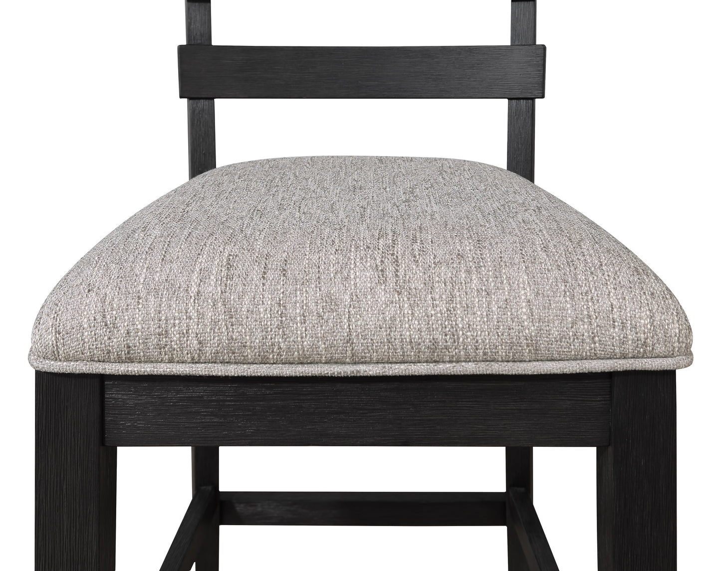 Black wood bar stool with textured gray upholstered seat