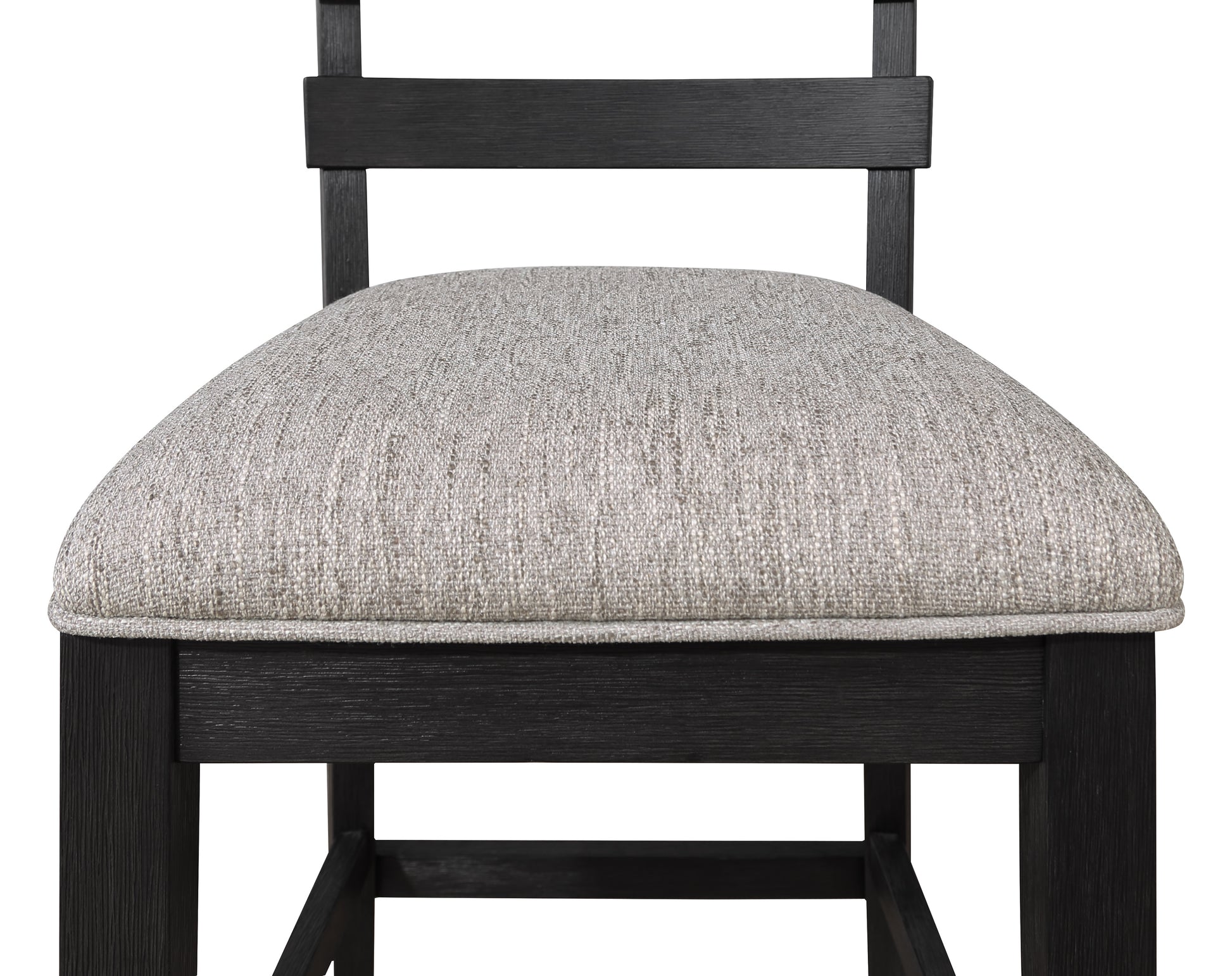 Black wood bar stool with textured gray upholstered seat