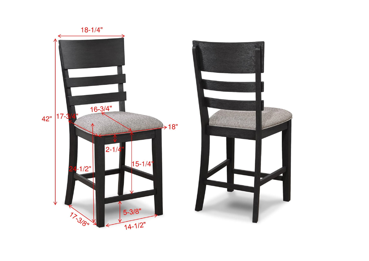 Black wooden counter stool with light grey upholstered seat and slatted backrest
