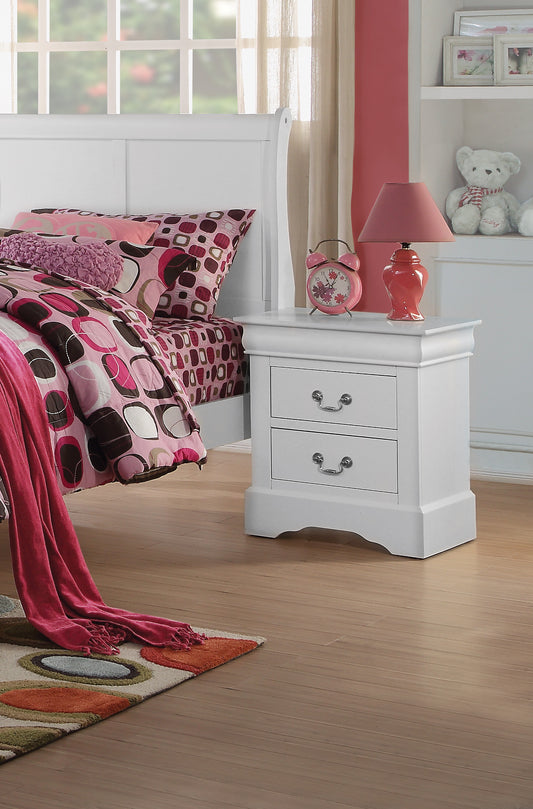 White wooden nightstand with two drawers and silver hardware