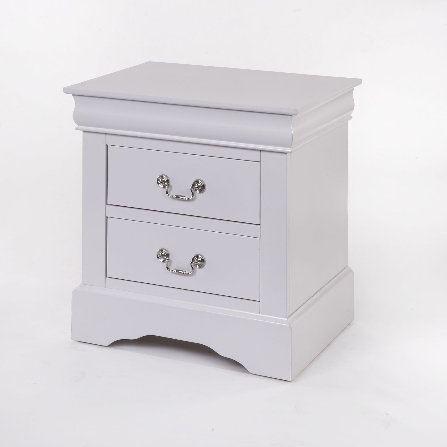 Grey wooden nightstand with two drawers and silver hardware