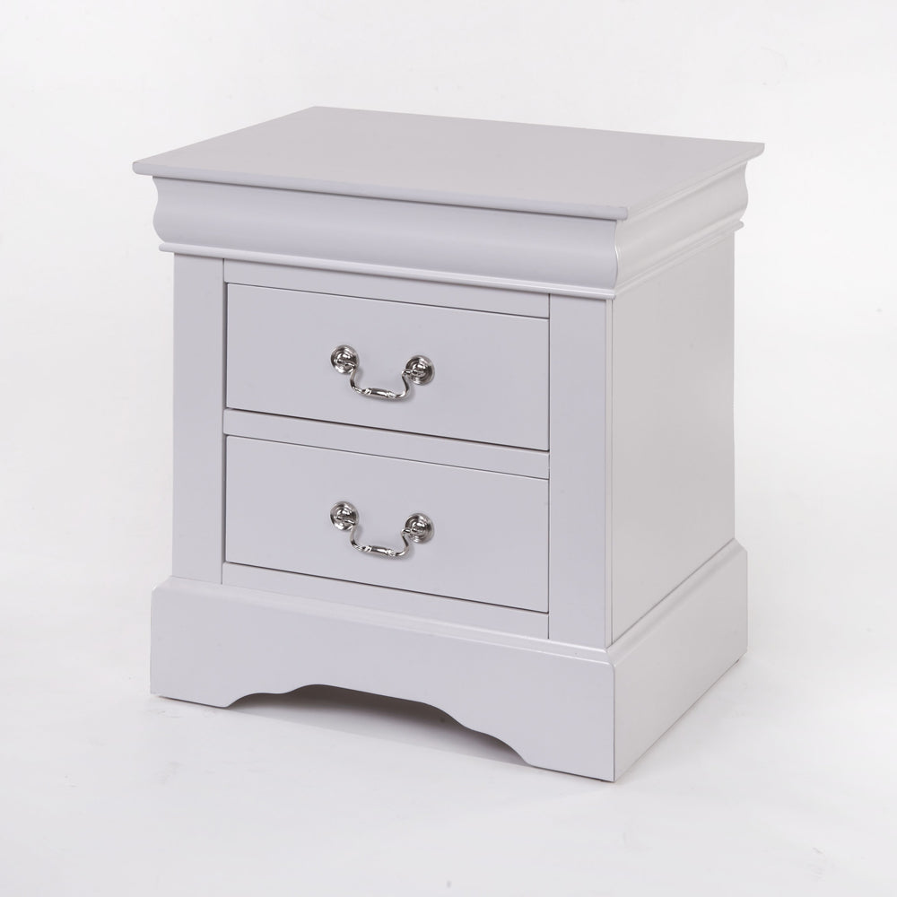 Light grey twodrawer nightstand with silver pull handles