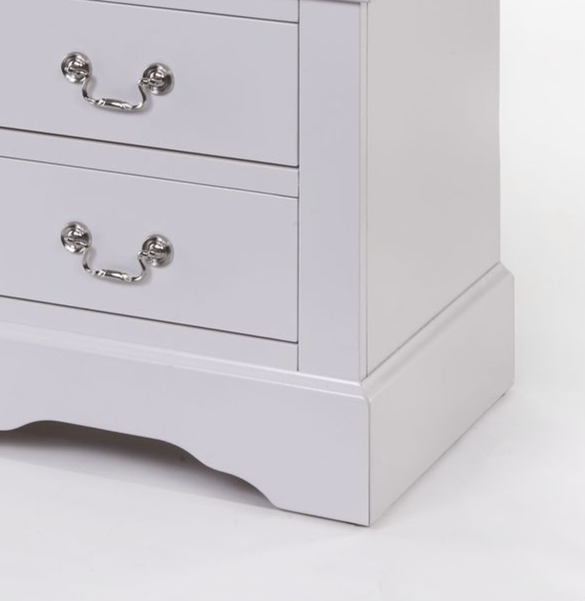 Light grey bedside table with two ornate silver drawer pulls