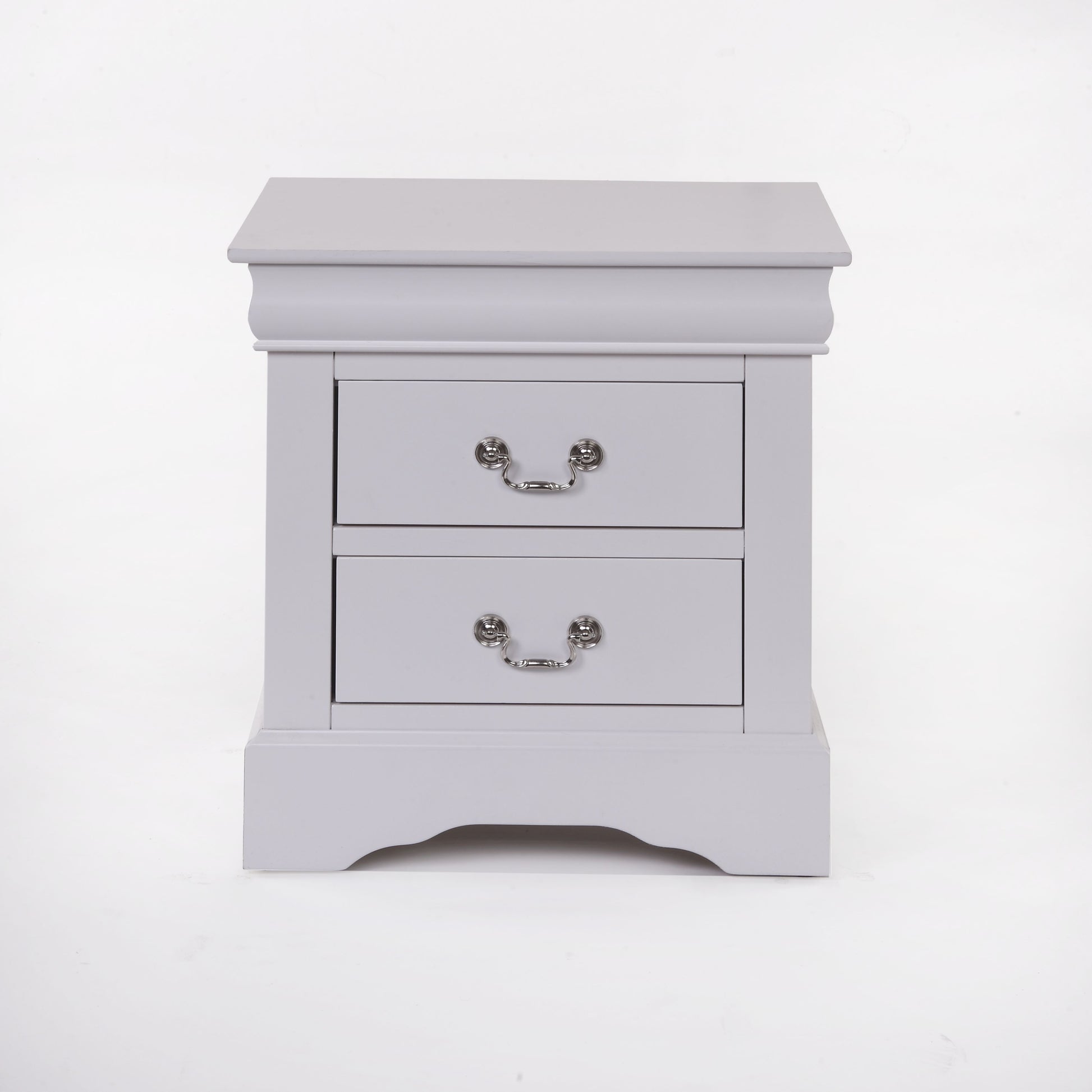Light grey wooden nightstand with two drawers and ornate silver handles