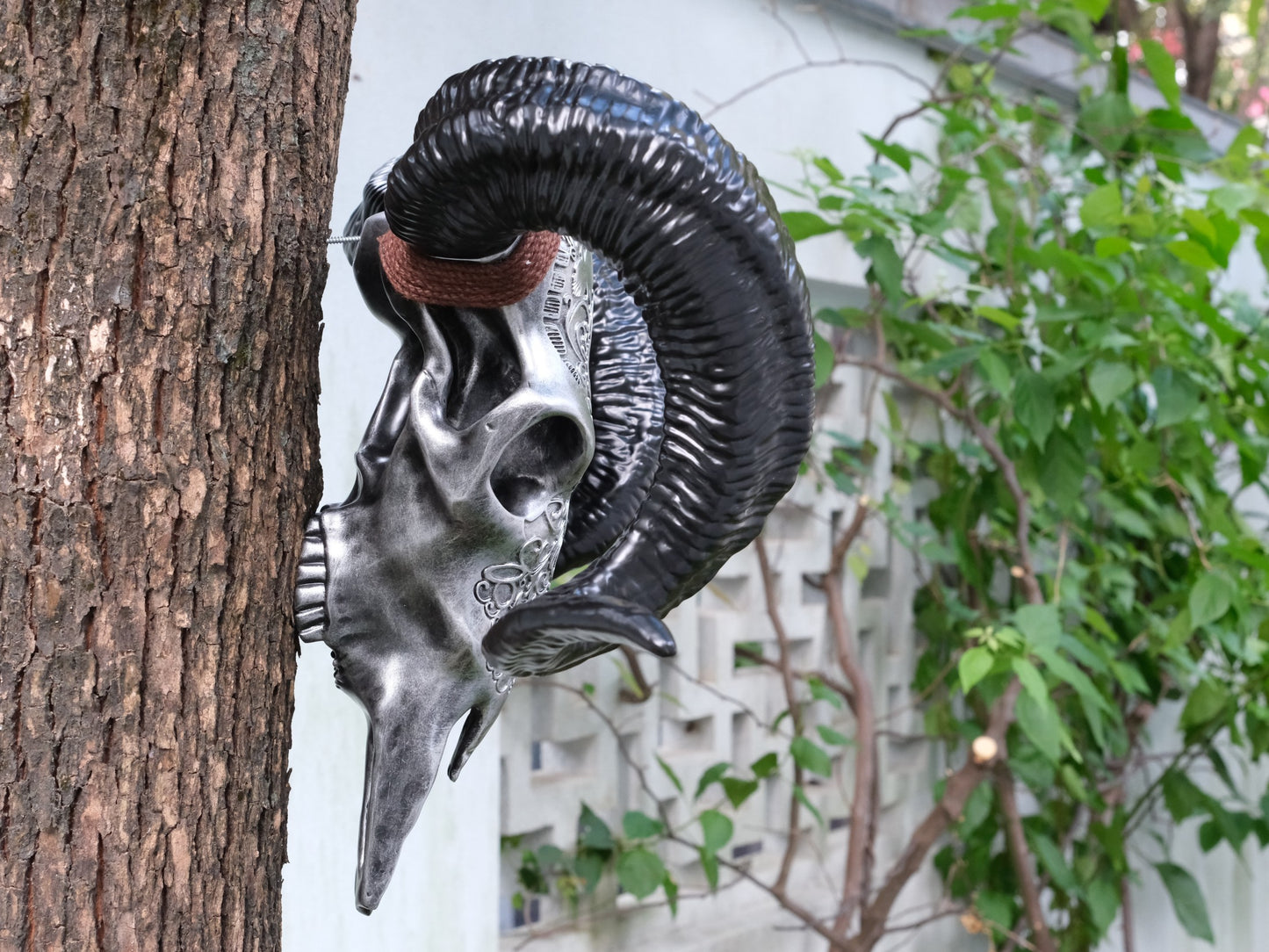 Silver goat skull mask with black horns and ornate detailing