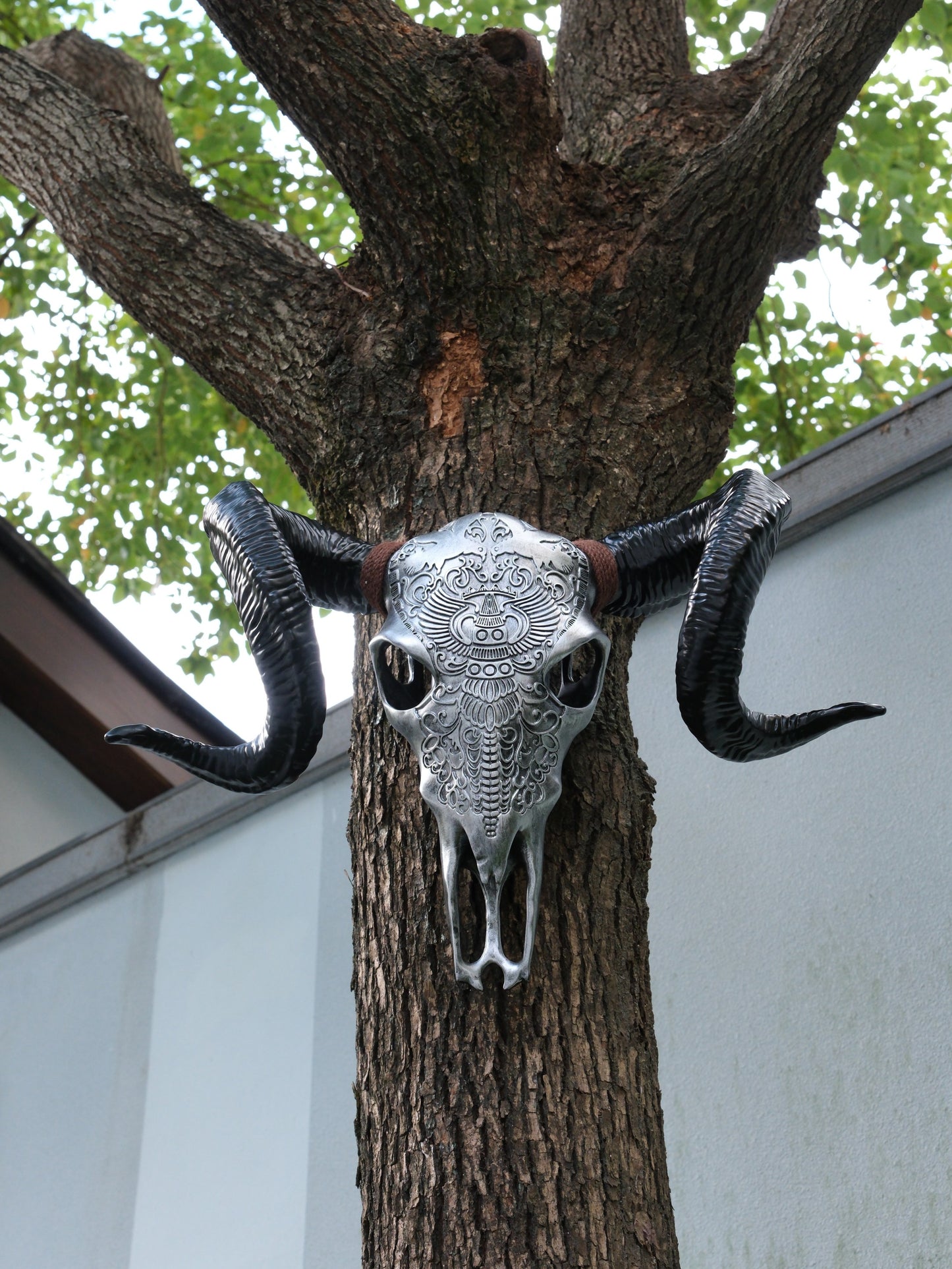 Ornate silver ram skull wall decor with curved black horns