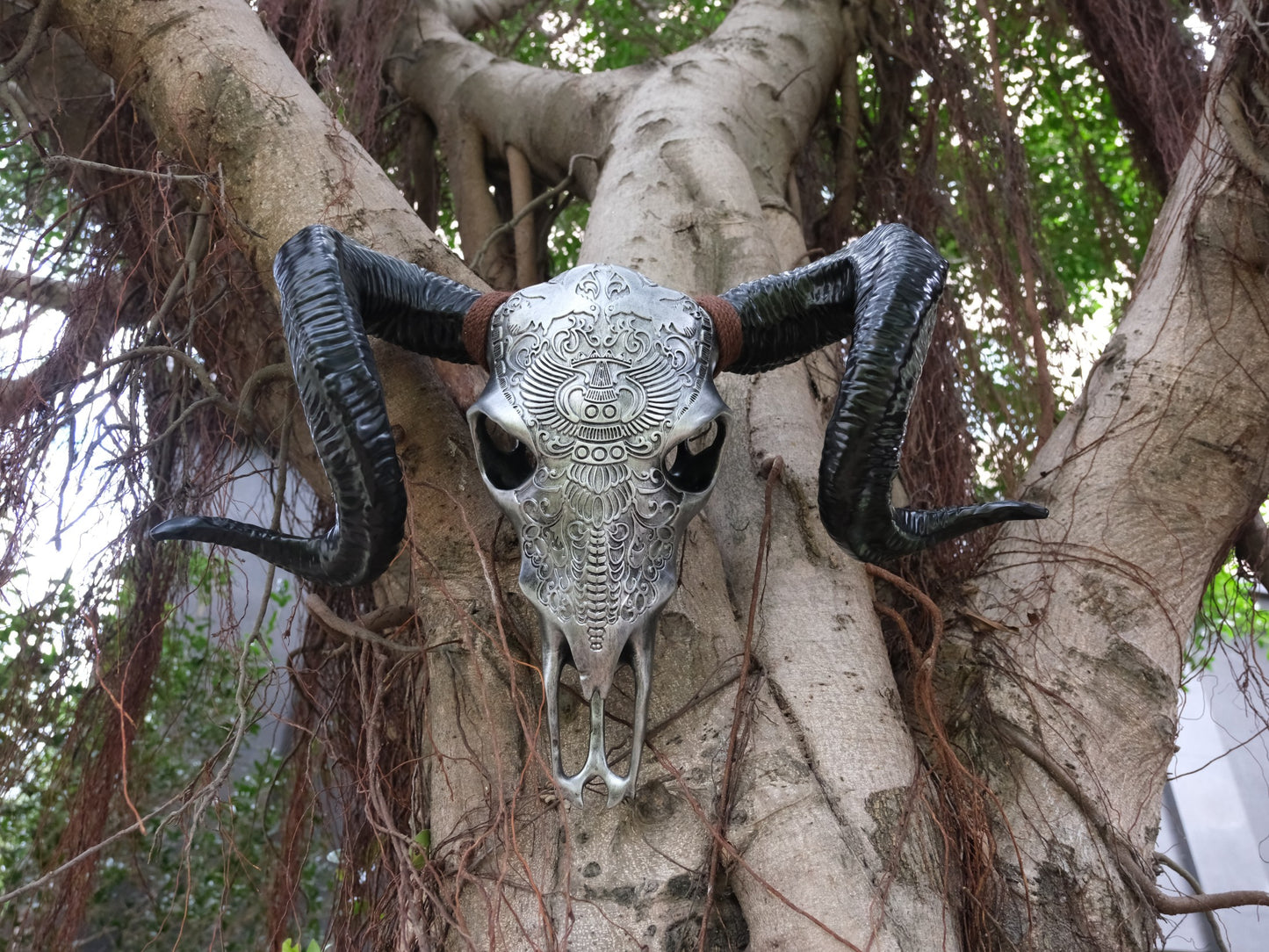 Ornate silver ram skull with black horns and brown wraps