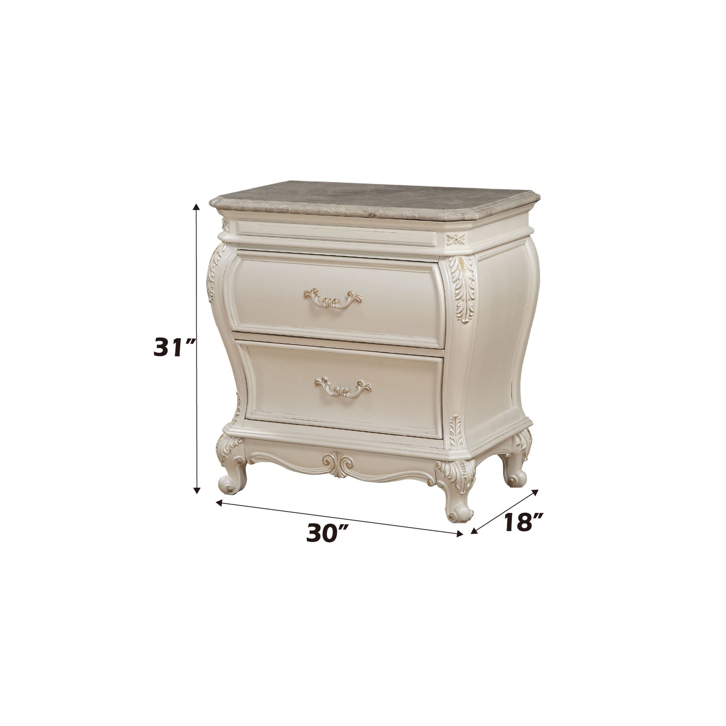 Elegant cream nightstand with marble top and ornate drawer pulls