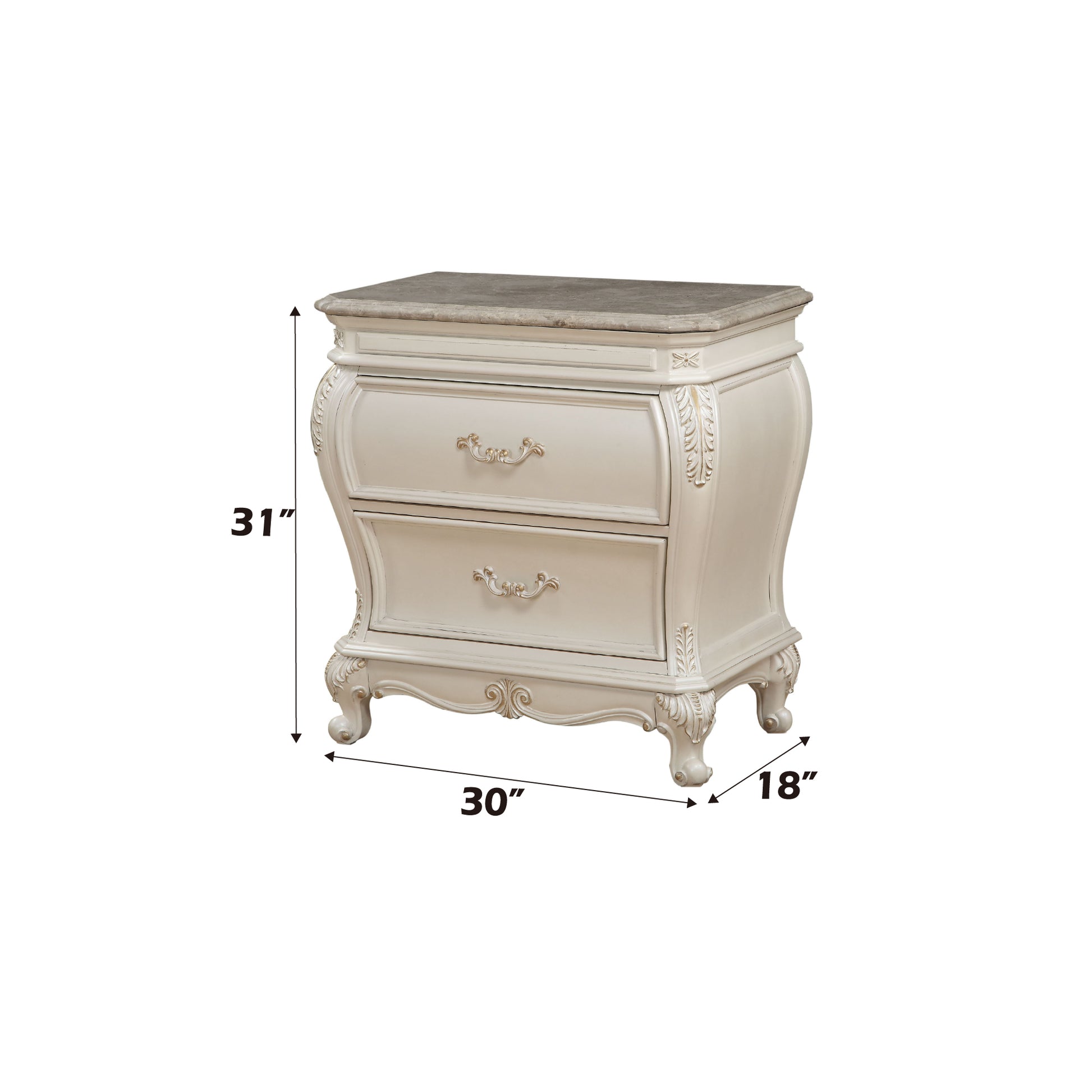 Elegant cream nightstand with marble top and ornate drawer pulls