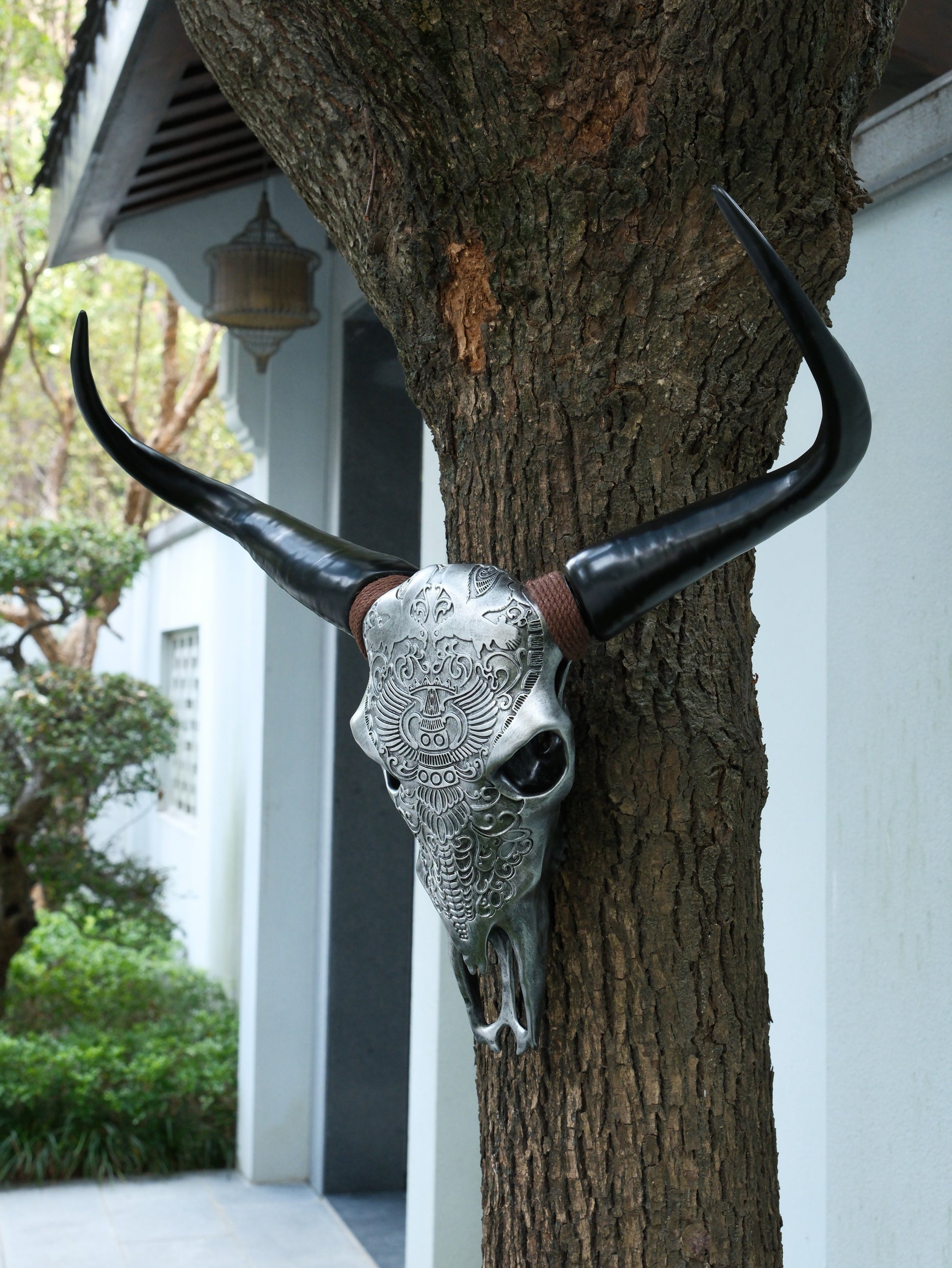 ornate silver bull skull with black horns