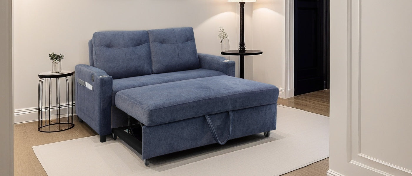 Blue fabric sleeper sofa with pullout ottoman and storage