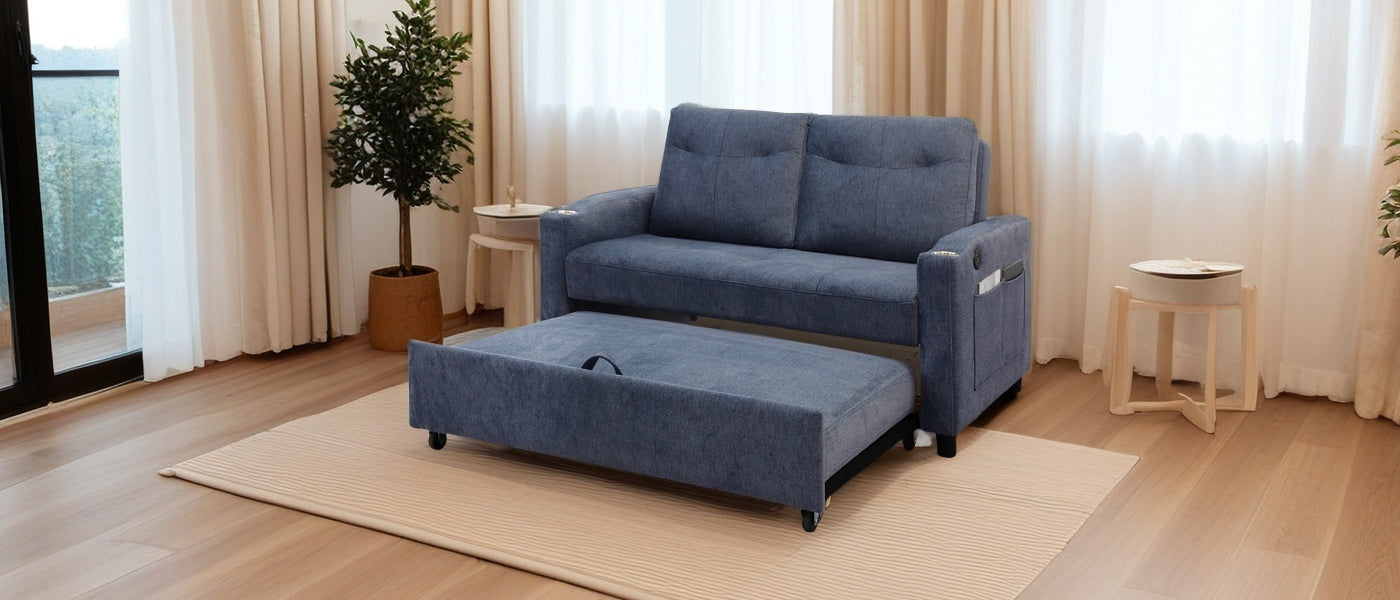 Blue fabric sofa bed with pullout ottoman perfect for small spaces