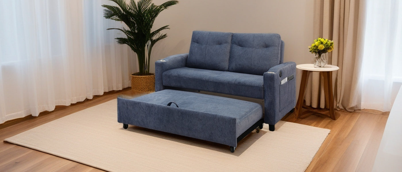 Blue sleeper sofa with pullout ottoman