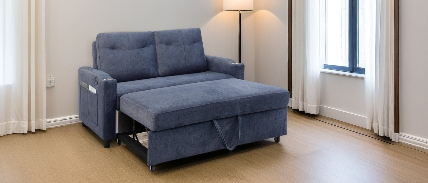 Blue fabric sofa bed with pullout ottoman