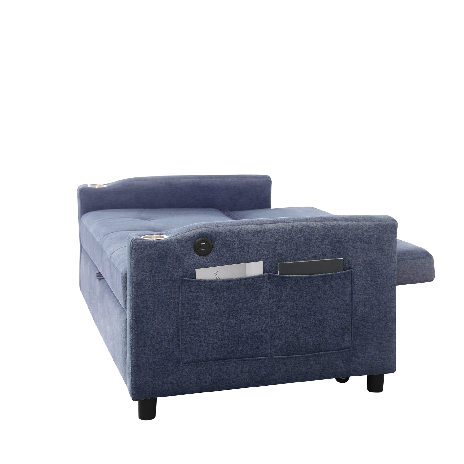 Blue linen sofa bed with cup holders and side pocket