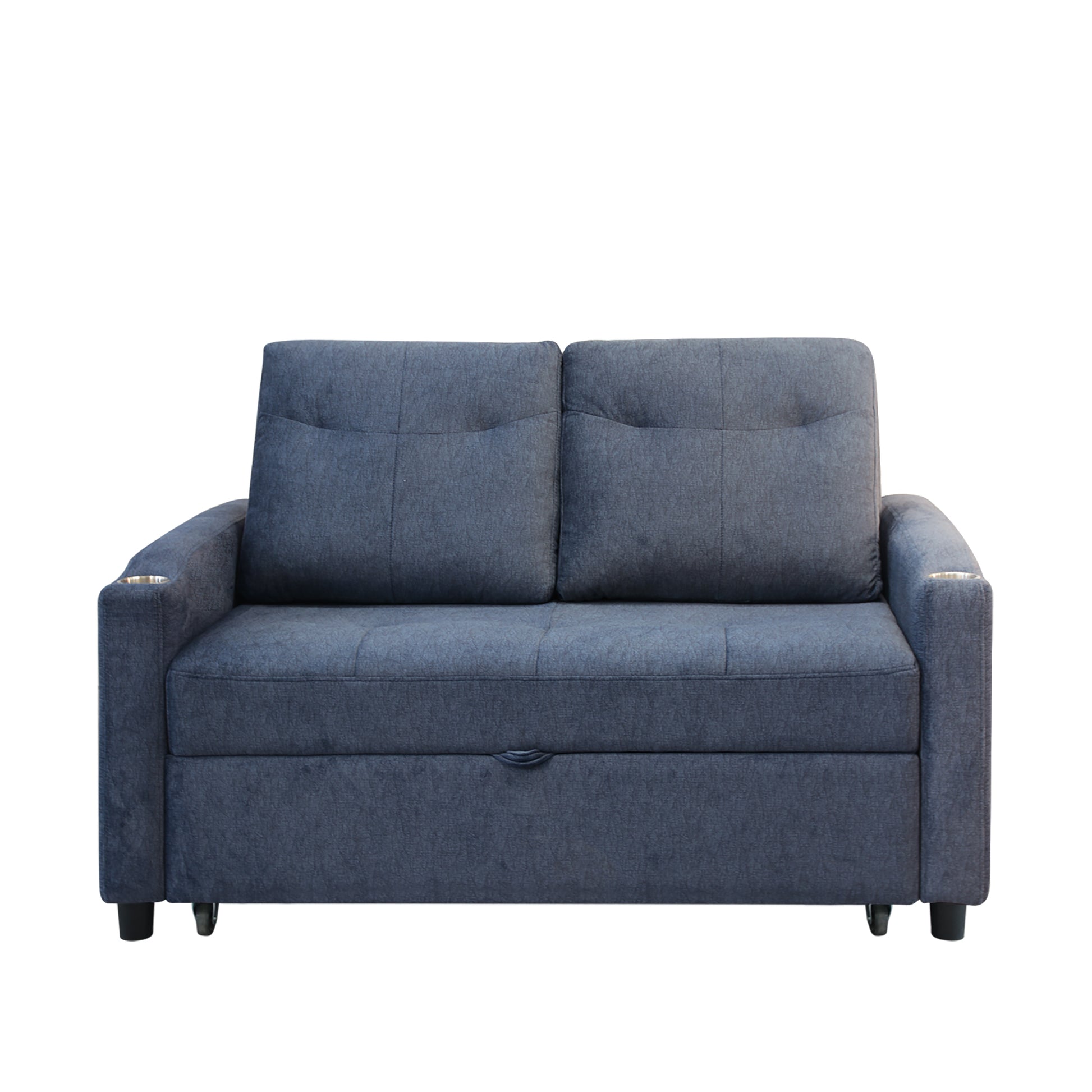 Dark grey fabric sofa with tufted cushions and builtin cup holders