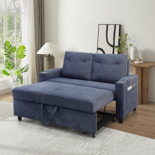 Navy blue convertible sofa with pullout ottoman and storage