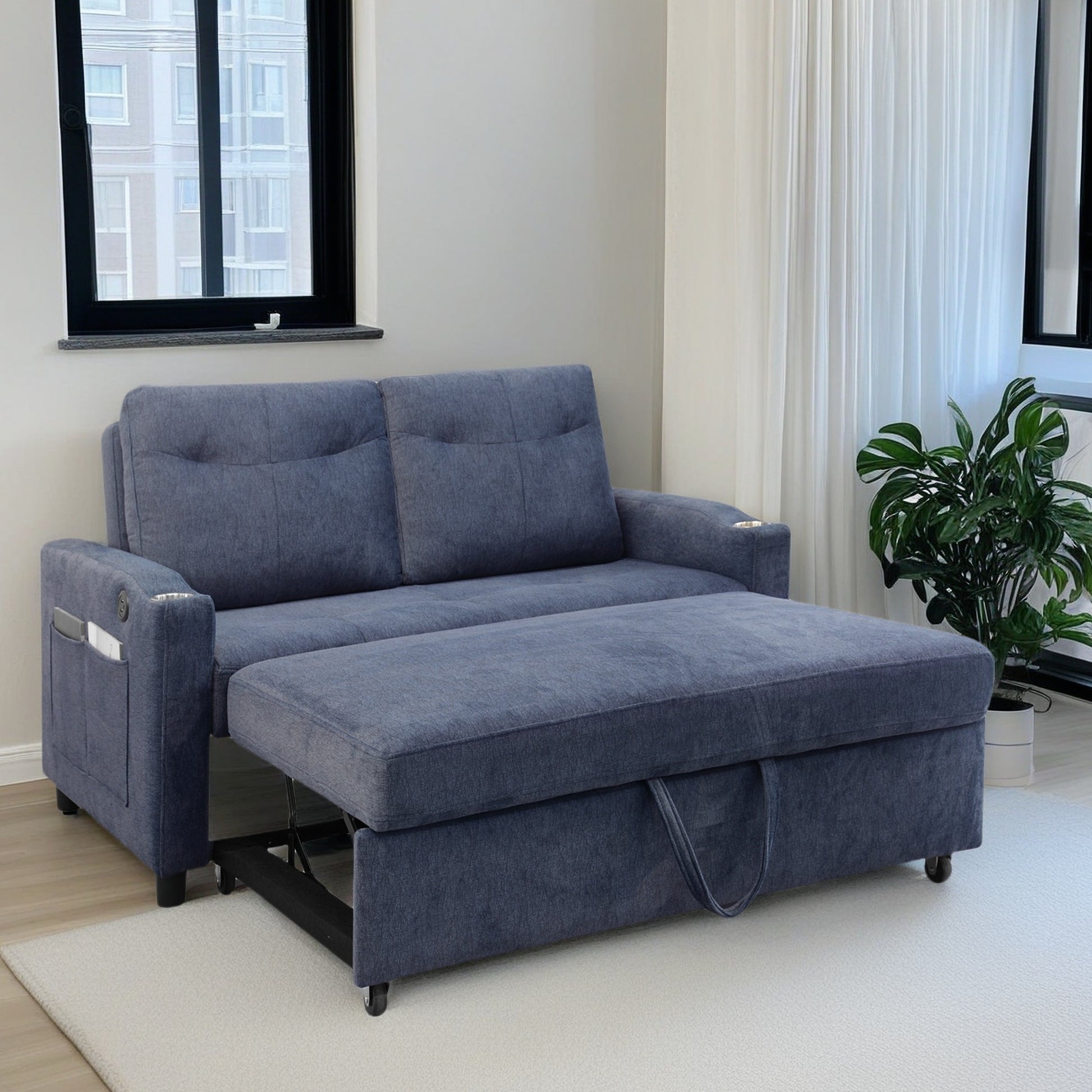 Navy blue sleeper sofa with pullout ottoman