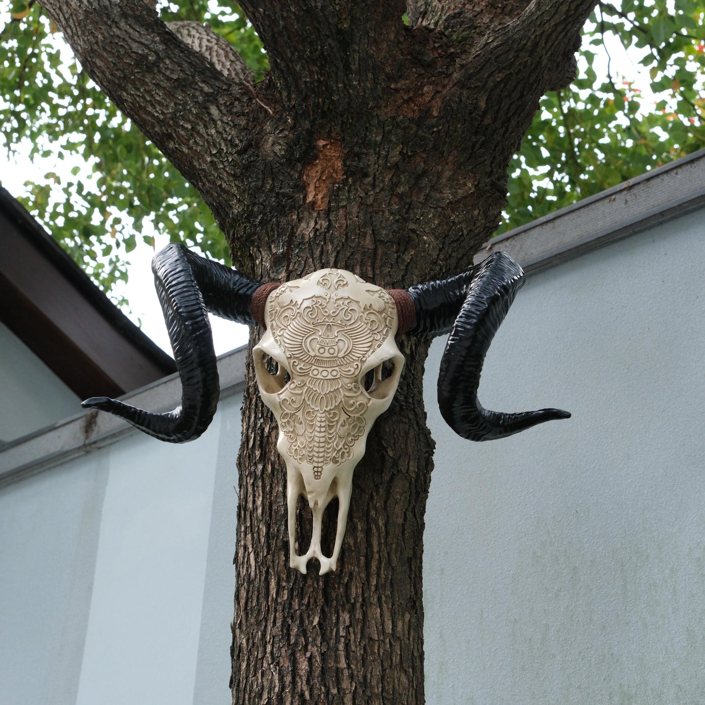 ornate ram skull wall decor with black curved horns mounted on tree