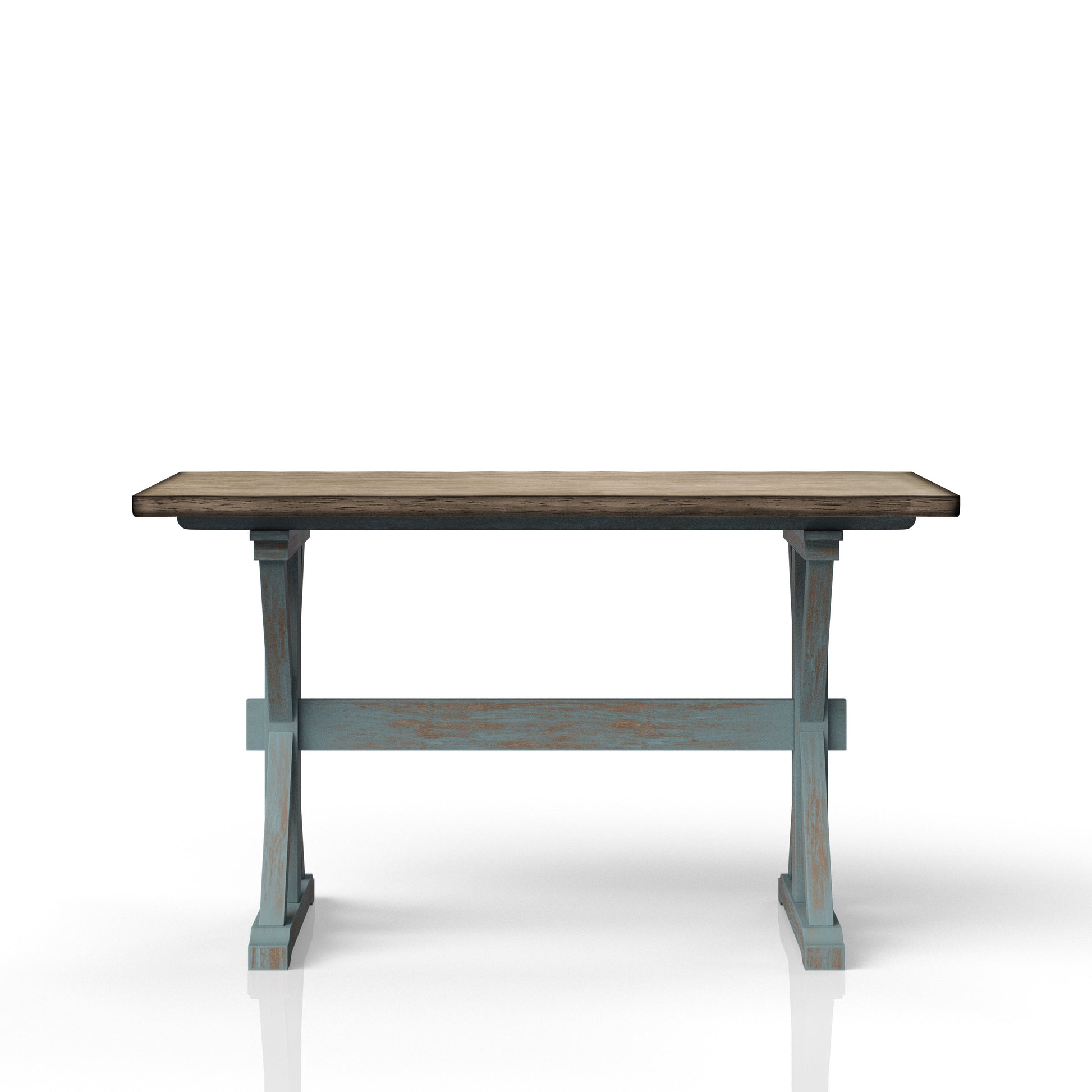 Rustic wooden dining table with distressed blue legs