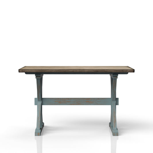 Rustic wooden dining table with distressed blue legs