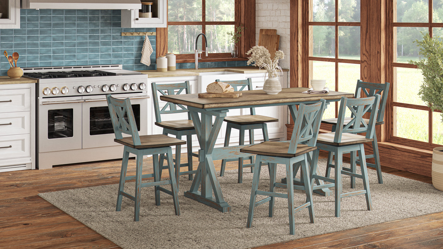 Distressed teal bar stools with natural wood seats around a matching table