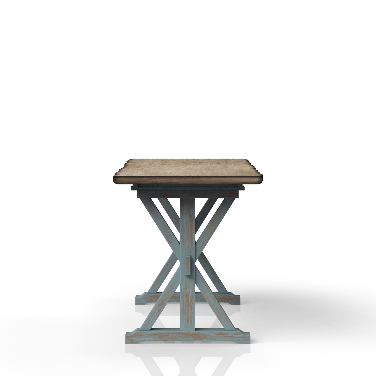 Rustic farmhouse dining table with distressed blue wood base and natural wood top