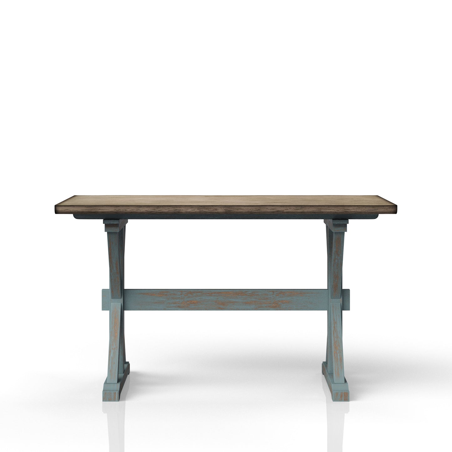 Rustic wooden console table with distressed blue base