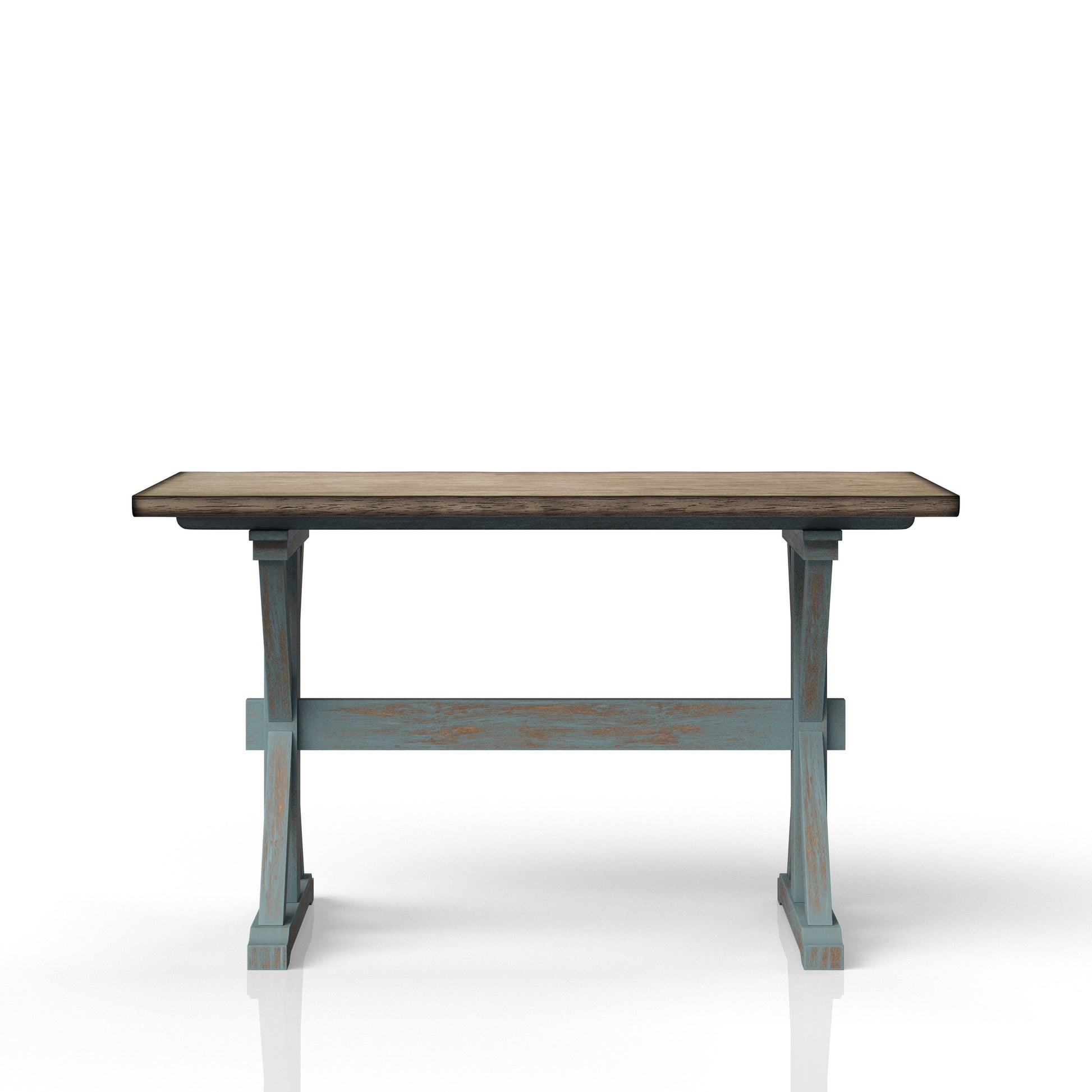 Rustic wooden console table with distressed blue base