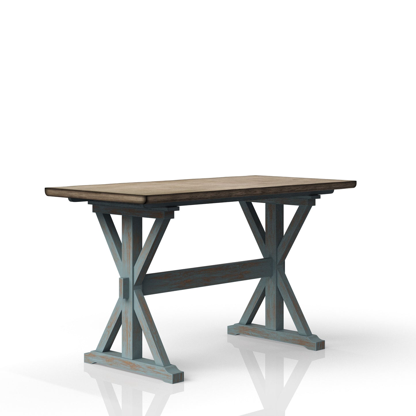 Distressed blue farmhouse console table with rustic wood top