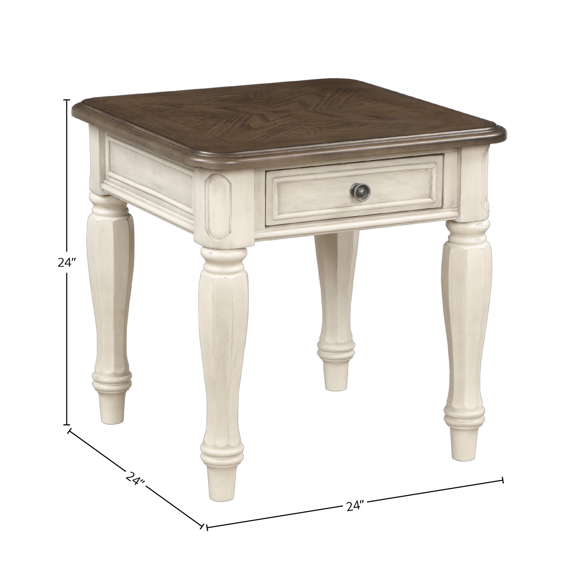Rustic cream and brown wood end table with drawer and carved legs