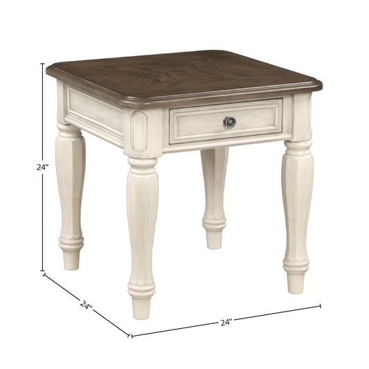 Rustic cream and brown wood end table with drawer and carved legs