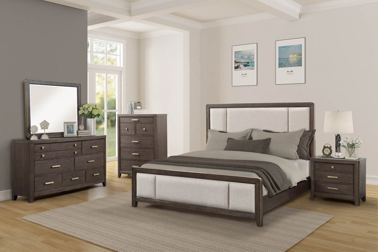 Dark wood upholstered queen bed with gold hardware