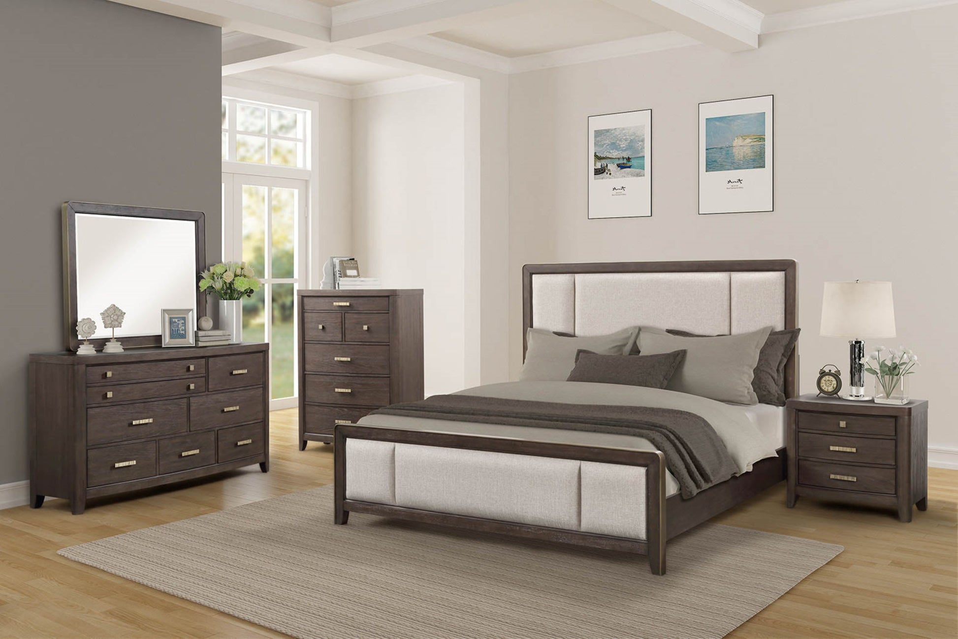 Dark wood upholstered queen bed with gold hardware