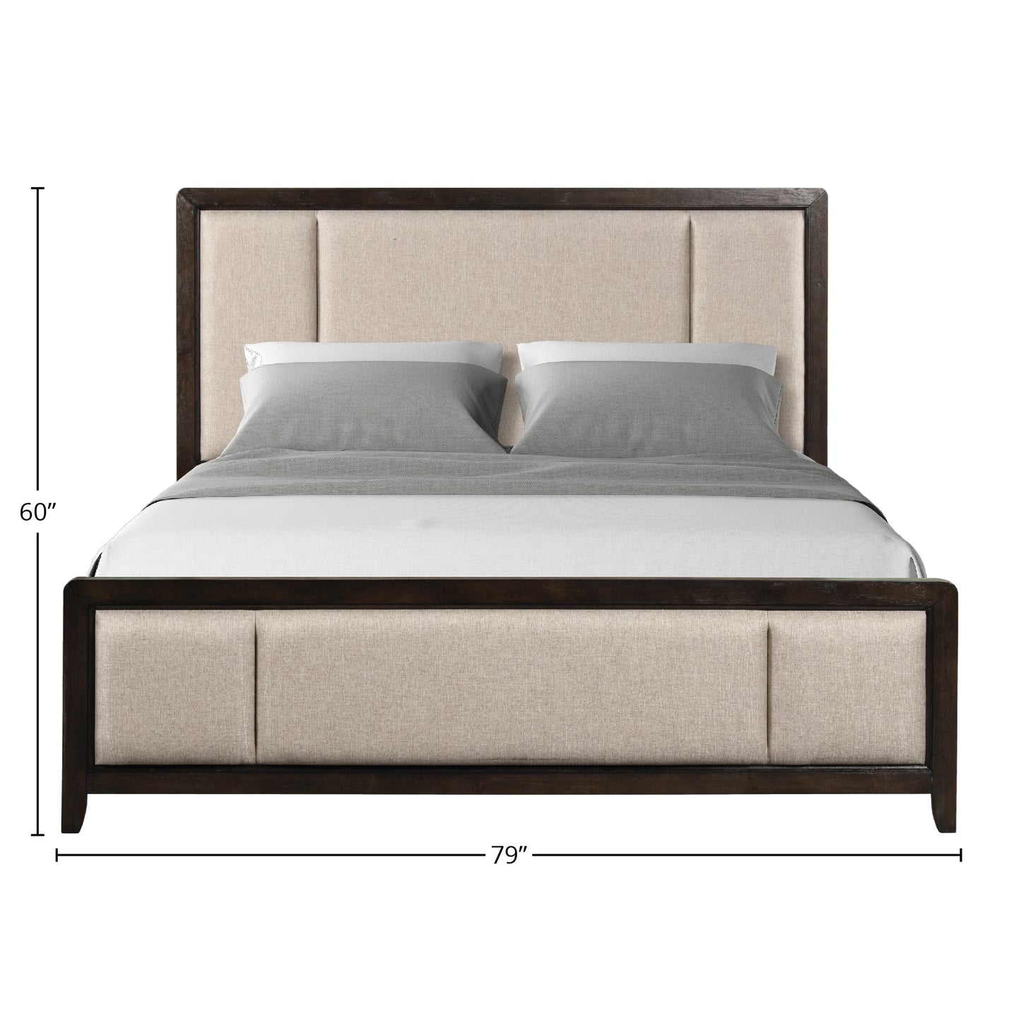 Upholstered platform bed with dark wood frame and beige linen headboard