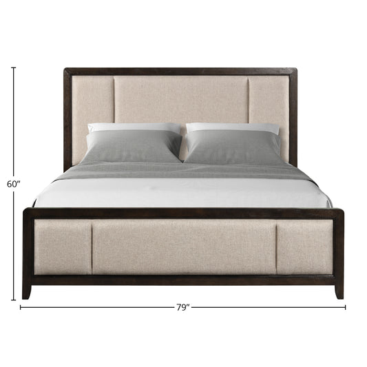 Upholstered platform bed with dark wood frame and beige linen headboard
