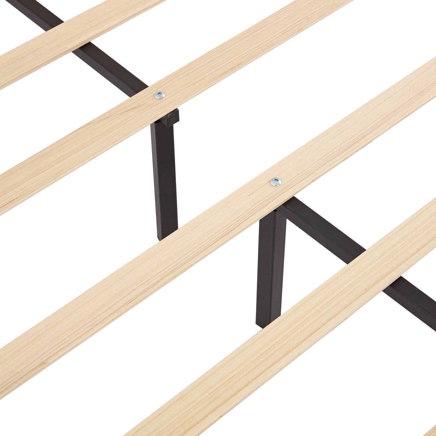 Wooden slat bed frame with dark metal supports