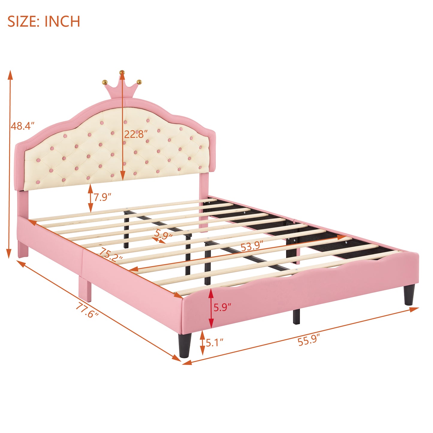 Pink twin bed frame with diamond tufted cream headboard featuring a crown detail