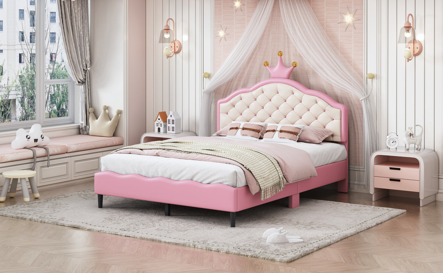 Pink upholstered twin bed with diamond tufting and crown accent for girls room