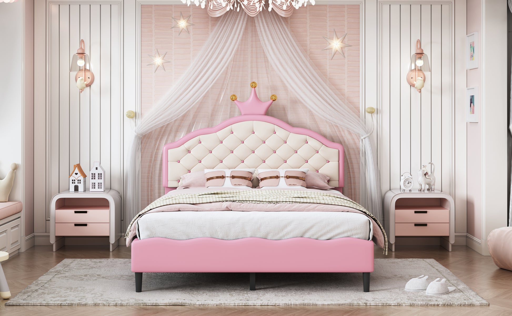 Pink tufted headboard bed with crown accent and matching bedding