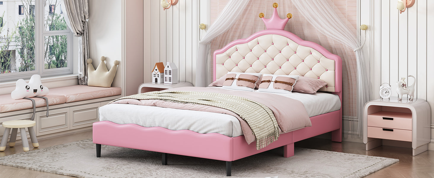 Pink tufted queen bed frame with crown headboard and pink upholstered sides